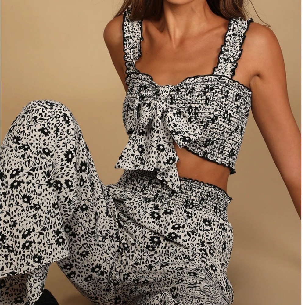 NWT Lulus Beneath the Sun Black Floral Print Two-Piece Wide-Leg Jumpsuit